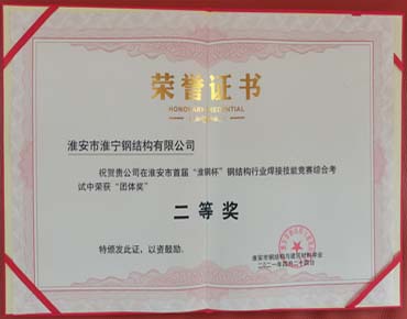 “淮钢杯”钢结构行业焊接大赛“团体奖”二等奖